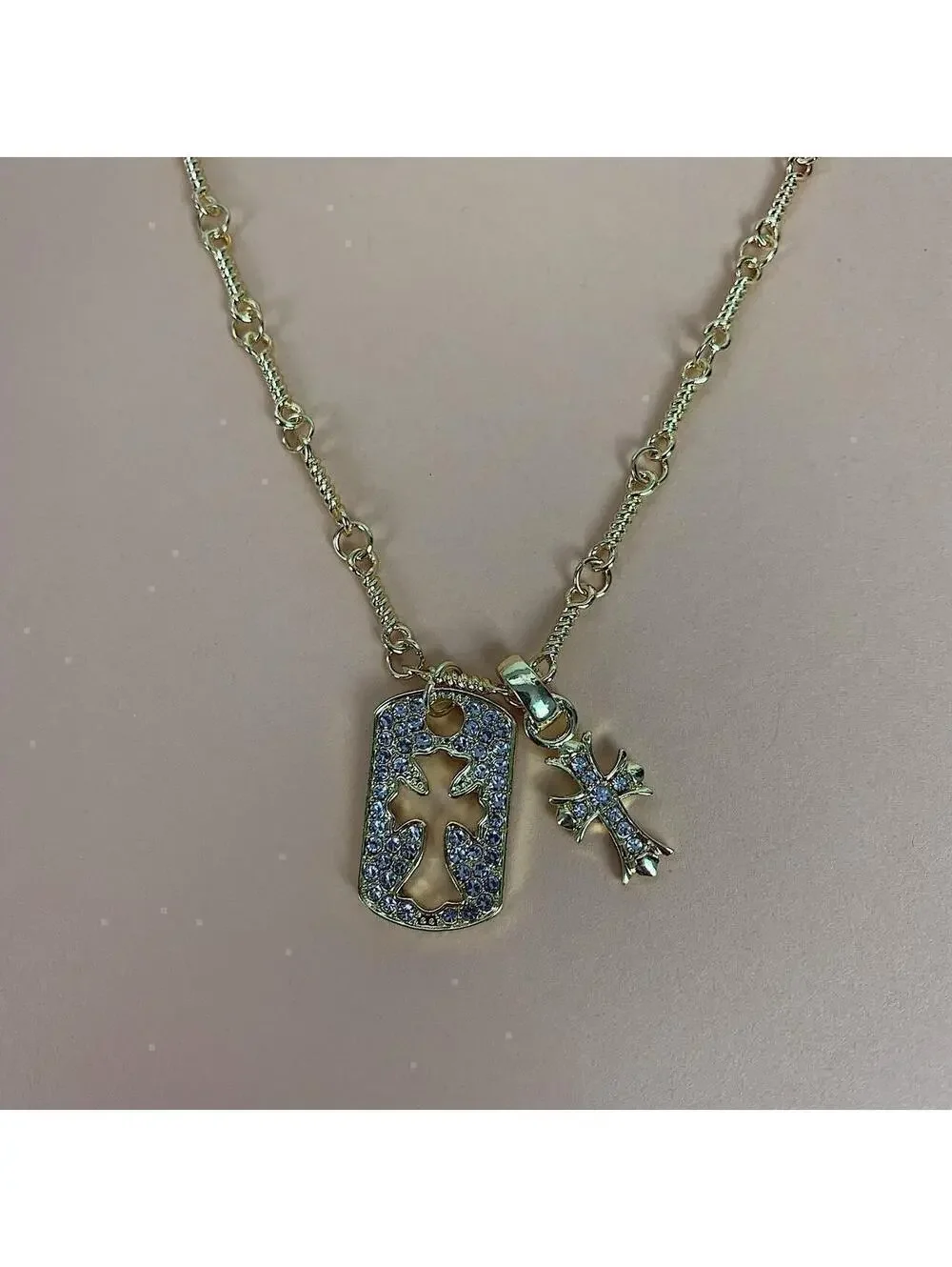 y2k 2000s style grunge gold chrome rhinestone cross dog tag style pendant